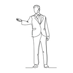 continuous line drawing of standing business man showing presentation gesture. Vector illustration editable stroke sketch art