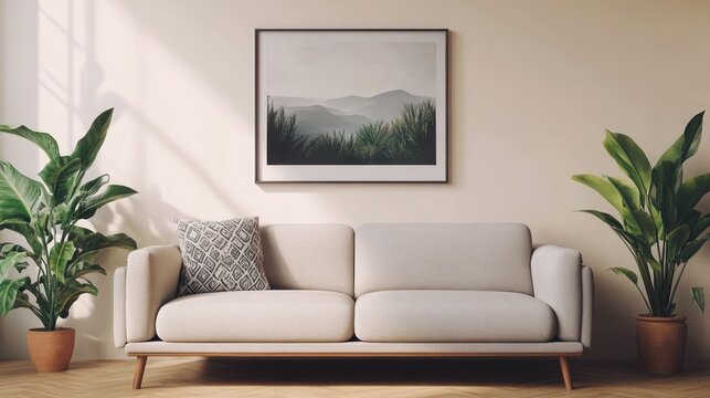 Minimalist living room with a framed landscape print and plants