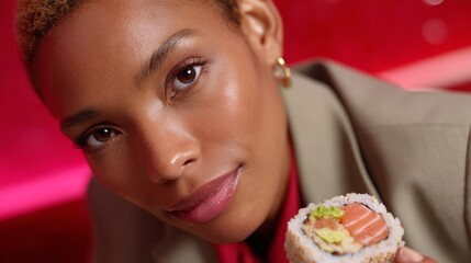 Naklejka premium Young woman in blazer enjoying sushi roll against red background