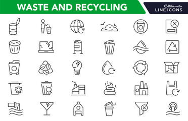 Waste and Recycling line icon set. Eco, save, reduce, reuse, plastic, glass, pollution, dump, refuse, bin, sweep, garbage disposal. trash separation line icon set. Ui thin line icon pack.