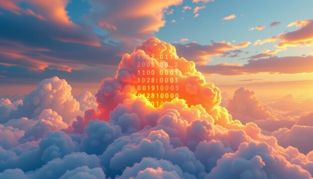 dreamscape style 3d illustration of cloud puting conception with binary code symbol, subject at the bottom, ideal for photo with copy space at the top.