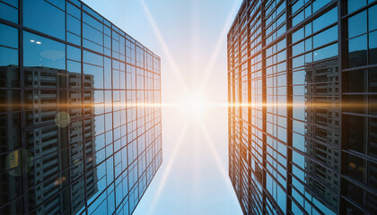 Glass office towers reflecting sunlight during August heatwave  