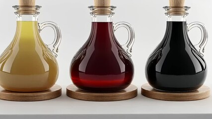Three elegant glass bottles showcasing olive oil, red wine vinegar, and balsamic glaze