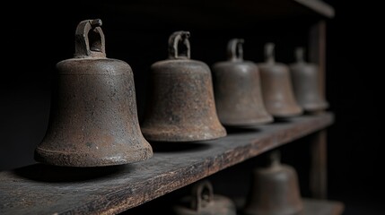 Fototapeta premium A row of old, rusted bells on a shelf.