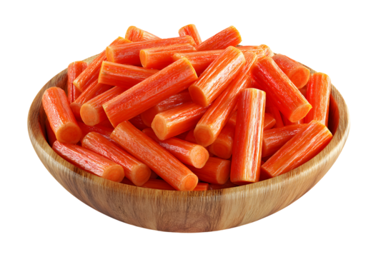 Delicious imitation crab sticks, surimi seafood in a rustic wooden bowl, ready to eat