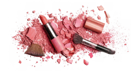 Pink blush, lipstick and makeup brushes are laying on a transparent background, creating a vibrant and colorful flatlay for beauty and makeup concepts