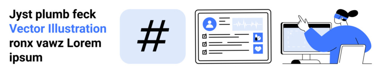 Person analyzes profile analytics on icons and dashboard interface, working on content. Ideal for digital marketing, profile management, analytics, social media, branding, content strategy, simple