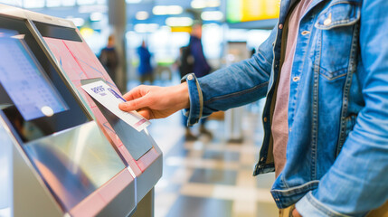 Passenger scanning boarding pass at airport self check-in kiosk, modern air travel technology, automated check-in process for flight departure, digital boarding pass scanning concept.