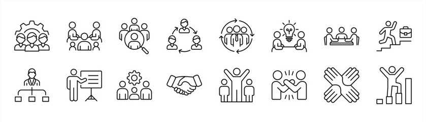 Obraz premium business people icon set. containing teamwork, collaboration, leadership, team success, business team, organization, partnership, presentation thin line and color style icon. vector illustration