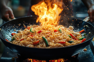 Cooking noodles in boiling water.