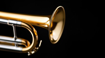 Obraz premium A shiny gold trumpet against a black background.
