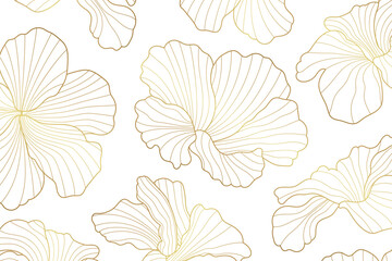 Vector leaf pattern, gold line art background. Art deco plant texture, elegant japanese graphic.