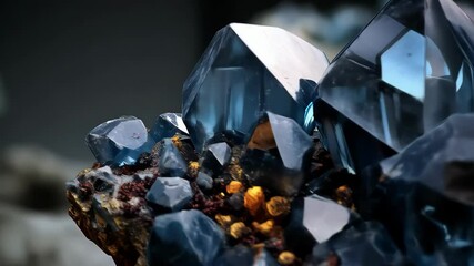 Cluster of sparkling dark blue crystals with geometric facets growing on rocky substrate, gem material with rough edges, mineral specimen closeup - Powered by Adobe