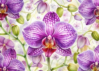 Watercolor purple phalaenopsis orchid seamless pattern