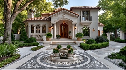 Lavish villa front garden design with decorative fountain high resolution picture
