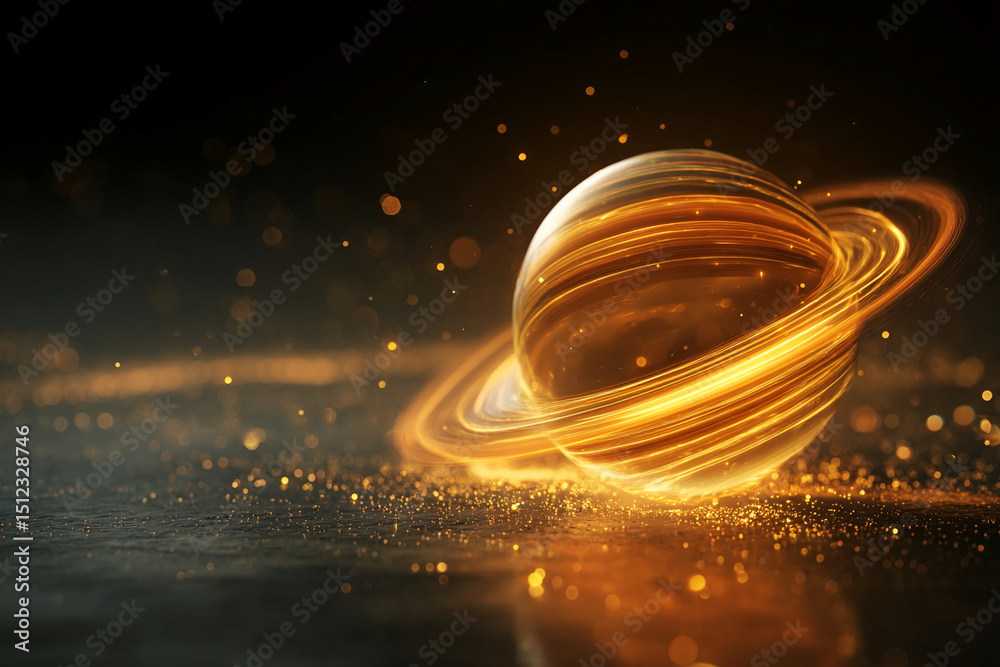 Poster golden sphere with glowing rings, resting on a dark surface scattered with golden particles, creatin