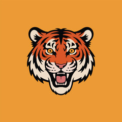 A bold illustration of a tiger's head, featuring vibrant orange and black stripes with an expressive, roaring face.