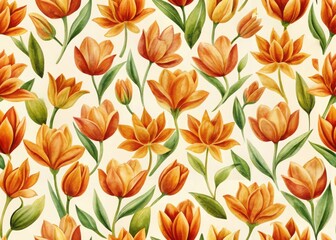 Watercolor seamless pattern orange tulips floral design