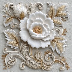 Luxurious white flower with ornamental scrolls and golden foliage high resolution wallpaper