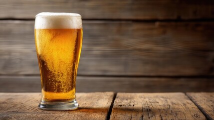 Tall cold glass of golden beer with frothy foam on rustic wooden table and planks in background, ideal for brewery menus, pub ads, or beverage branding visuals