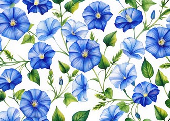 Watercolor blue morning glory flower seamless pattern