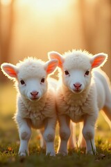 Fototapeta premium Two Adorable White Lambs in Golden Sunset Meadow Spring Pasture