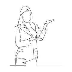 continuous line drawing of standing business woman showing presentation gesture. Vector illustration editable stroke sketch art