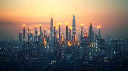 Naklejka premium Futuristic City Skyline At Sunset With Glowing Connections