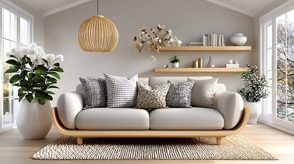 Modern living room with cozy cushions and wooden sofa high resolution wallpaper