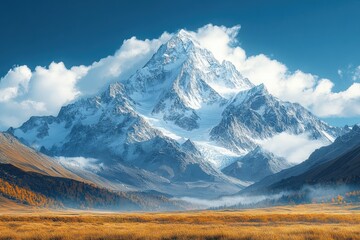 Fototapeta premium Majestic mountain landscape with snow-capped peaks and colorful autumn foliage in a serene valley setting