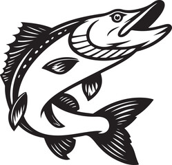 Black and White Illustration of a Leaping Northern Pike Fish