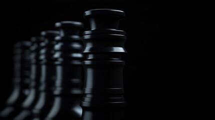 A row of black, ornate candlesticks against a black background.