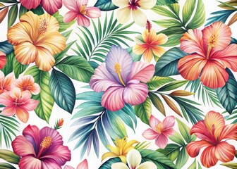 Vibrant tropical hibiscus and palm leaf pattern