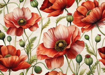 Watercolor red poppies floral seamless pattern