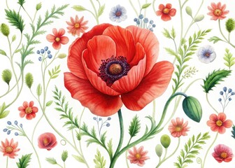Watercolor red poppy with wildflowers botanical illustration