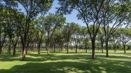 Obraz premium Lush Green Park Landscape with Tall Trees and Sunny Sky