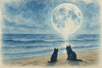 Two Cats Gazing at a Full Moon by the Summer Ocean at Night, Generative AI