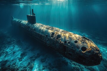 Submarine rests on ocean floor illuminated by sunlight, showcasing marine beauty and rusted structure beneath clear waters