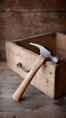 Aged claw hammer with visible scratches resting rustic wooden box