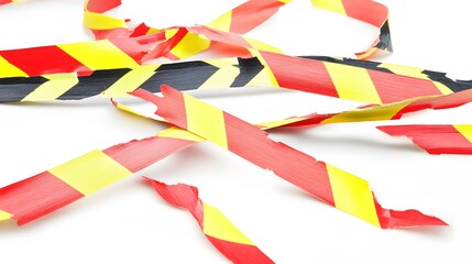 Fototapeta premium Torn Red Yellow Black Striped Caution Tape Closeup