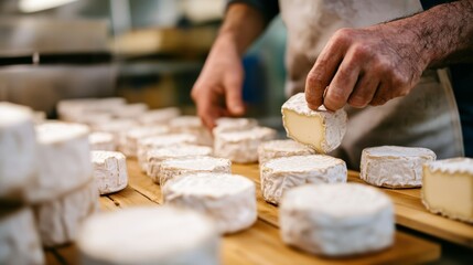 Artisan Cheesemaker Arranging Camembert Rounds