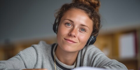 Engaged disabled student participating in online learning with headphones for inclusive education