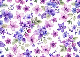 Watercolor seamless pattern purple and pink flowers