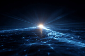 Abstract blue network connecting luminous nodes, converging towards a bright light source, symbolizing connectivity, technology, and future innovation