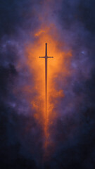 Naklejka premium Glowing sword silhouette surrounded by cosmic orange and blue mist