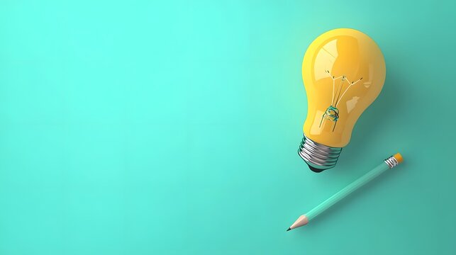 Brilliant Idea Light Bulb and Pencil on Teal Background