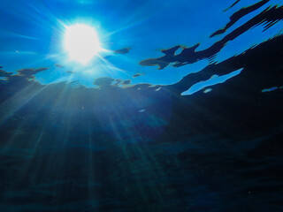 Dark blue ocean surface seen from underwater. Abstract waves underwater and rays of sunlight...
