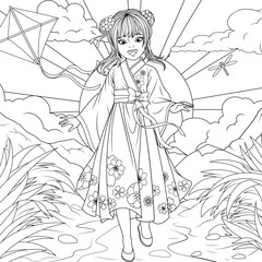 Vector Illustration, young girl launches a flying snake in a clearing