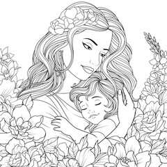 Vector Illustration, а young mother is holding a child in her arms, Mother's Day