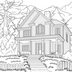 Vector illustration, cozy house in the mountains